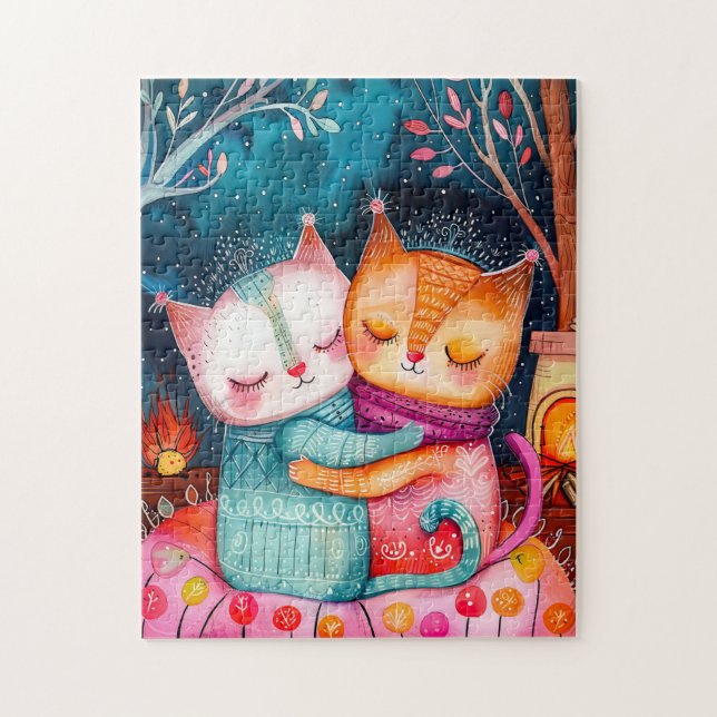 Illustration of two cats hugging in a cozy setting pussel (Vertikal)
