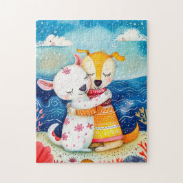 Illustration of two dogs playing at the beach pussel