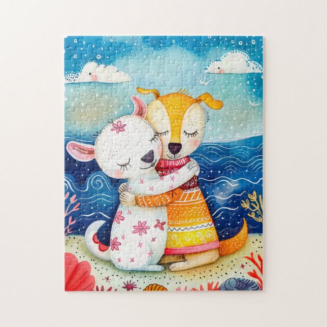 Illustration of two dogs playing at the beach pussel (Vertikal)