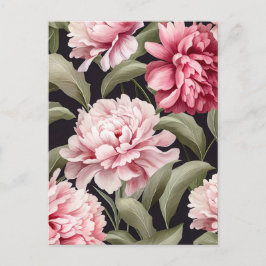 Illustration pink peony flowers with green leaves vykort