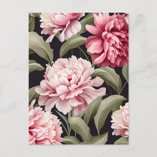 Illustration pink peony flowers with green leaves vykort (Framsida)