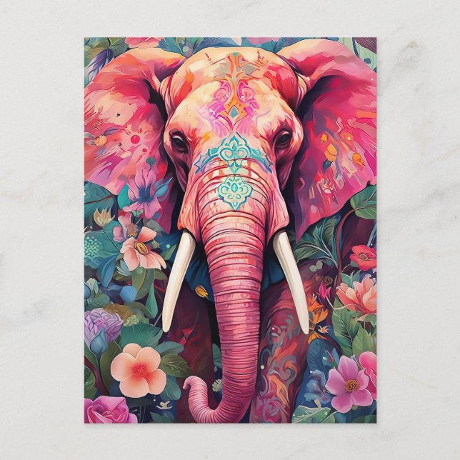 Illustration pinker Elefant mit Blumen Vykort (Framsida)