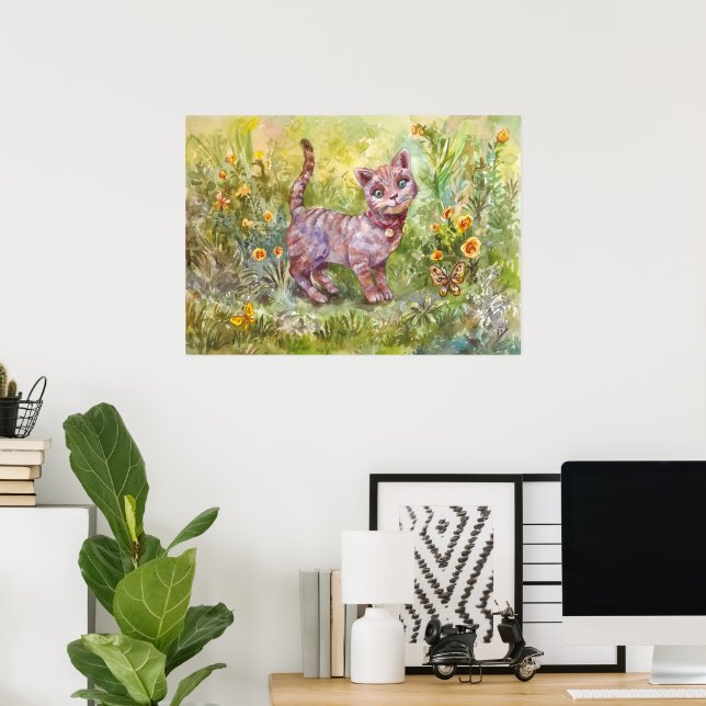 Illustration Sött Kittens Trädgård Fjäril Blommor Poster (Hemmakontoret)