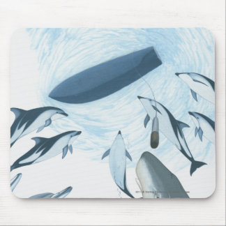 Illustrationen av delfiner tittar upp på ett musmatta