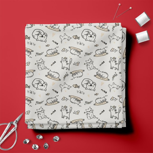 Illustrationer av tan och vit 😼 tyg (Tan and White 😼 Cute Cat Illustrations Fabric 
)