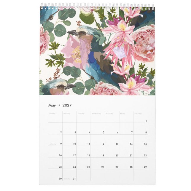 Illustrationer av tropiska blommor, växter, fåglar kalender (May 2027)
