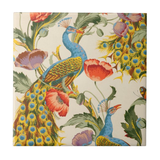 illustrationer av vintage Peacock och poppies Kakelplatta (Framsidan)