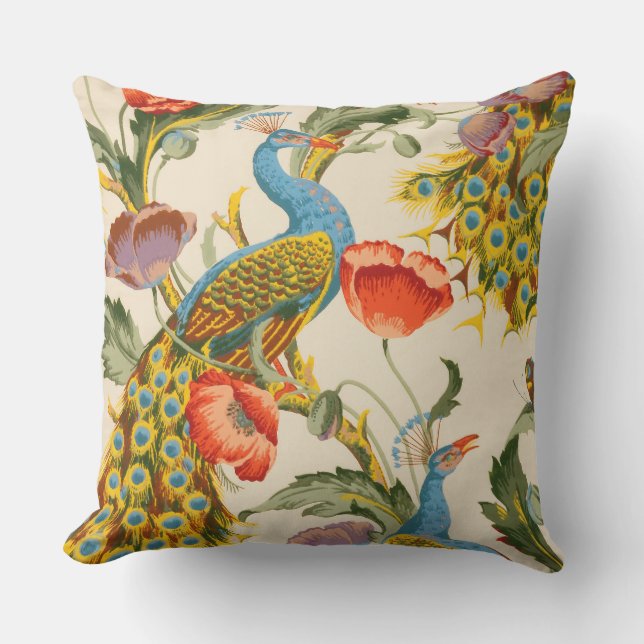 illustrationer av vintage Peacock och poppies Kudde (Framsida)