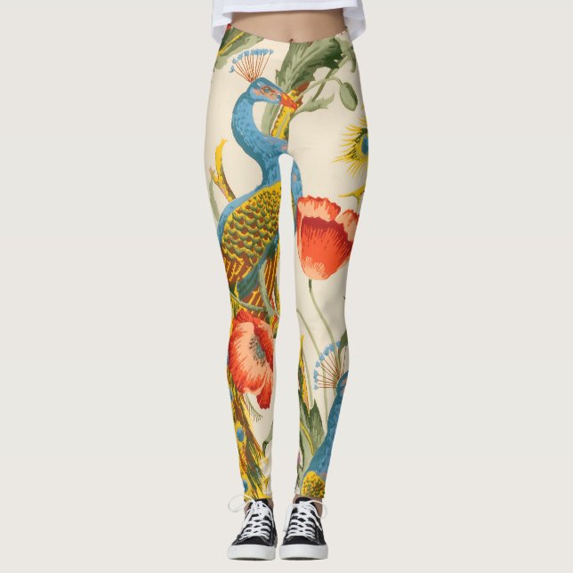 illustrationer av vintage Peacock och poppies Leggings (Framsida)