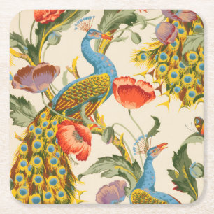 illustrationer av vintage Peacock och poppies Underlägg Papper Kvadrat