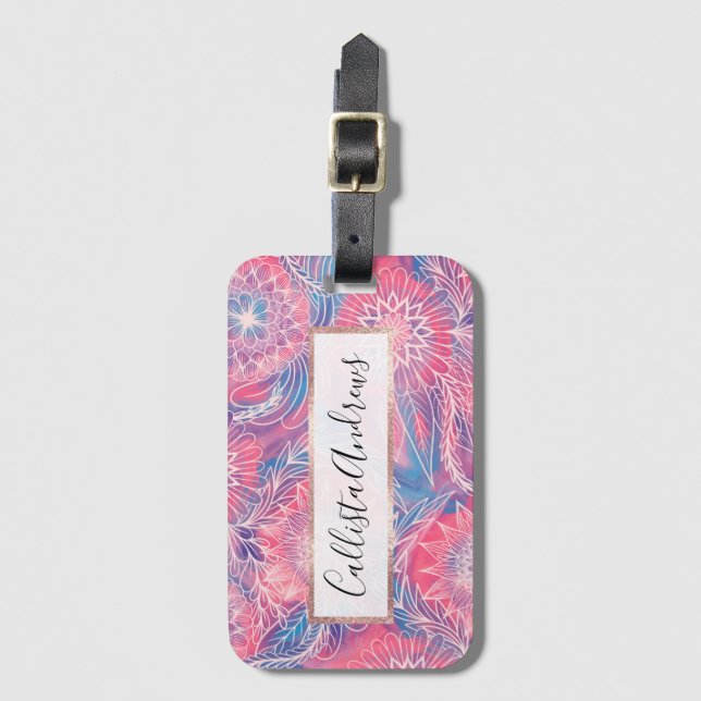 Illustrationer på Blommigten Artsy Girly Rosa Blue Bagagebricka (Framsida vertikal)