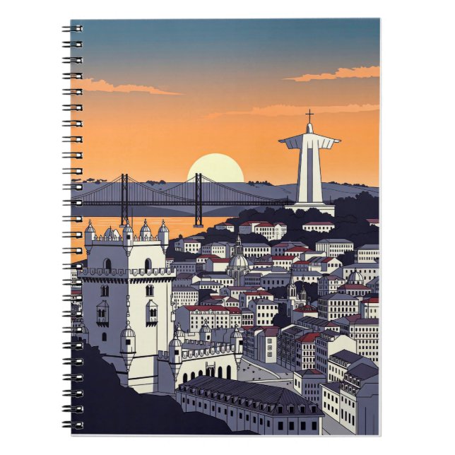 Illustrationsbok för Lissabon Solnedgång – Retro P Anteckningsbok (Framsidan)