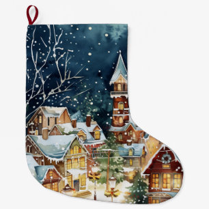 Illustrativ julstad i snö stor julstrumpa