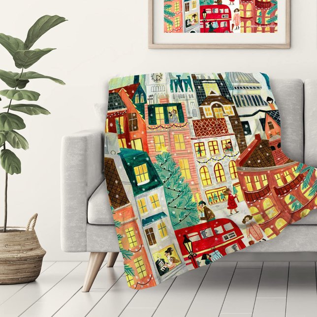 Illustrativ London stad i snö jul Fleecefilt (Skapare uppladdad)