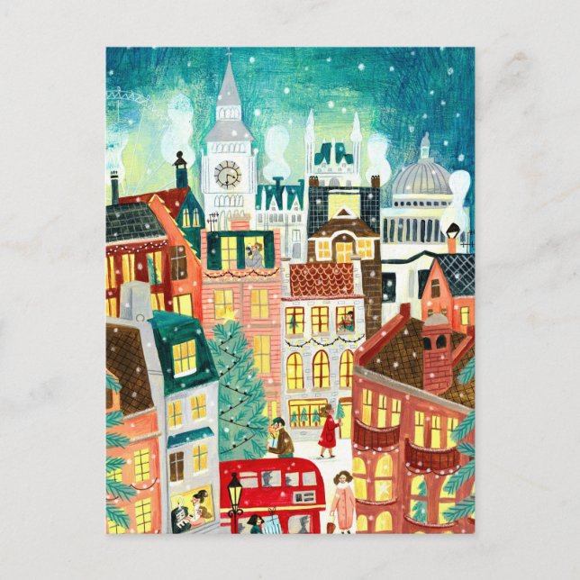 Illustrativ London stad i snö julen Hol Helg Vykort (Framsida)