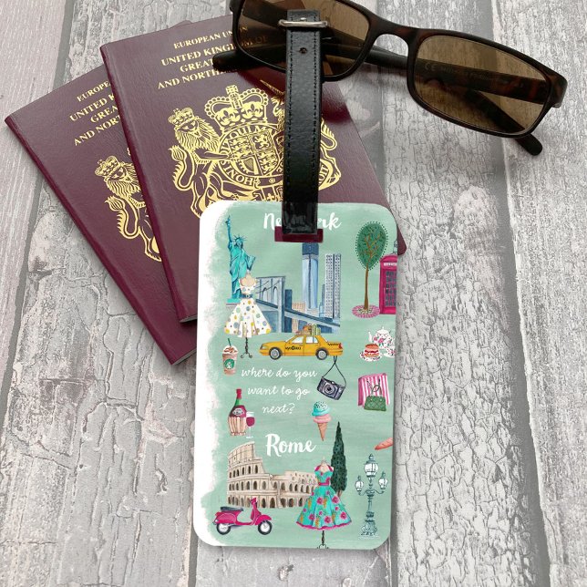 Illustrativt blått New York & Paris City karta Bagagebricka (Illustrative blue New York & Paris city map Luggage Tag)