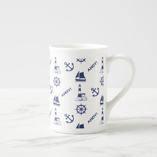 Illustrativt Mönster-marinblått+vitt Benporslin Mugg (Höger)