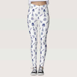 Illustrativt Mönster-marinblått+vitt Leggings