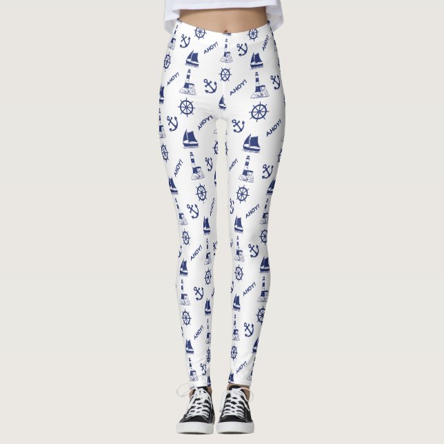 Illustrativt Mönster-marinblått+vitt Leggings (Framsida)