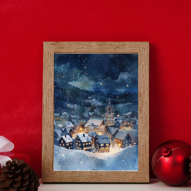 Illustrativt om byn himlar i snö nattetid fototryck (Skapare uppladdad)