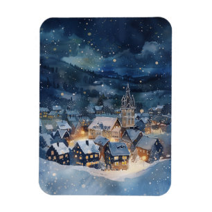 Illustrativt om byn himlar i snö nattetid magnet