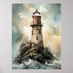 Illustrativt vattenfärgsfyr Poster Skriv ut