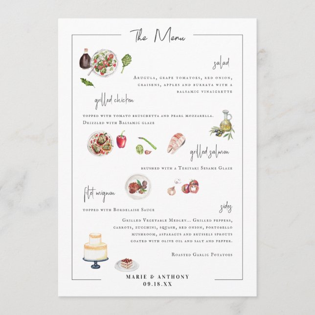 Illustrerad Bespoke | Bröllop Menu Meny (Framsida)