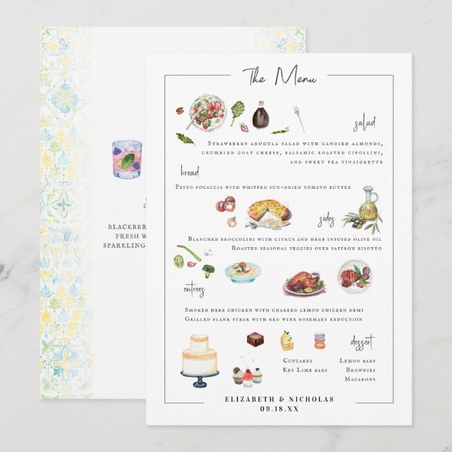 Illustrerad Bespoke | Bröllop Menu Meny (Fram/baksida)