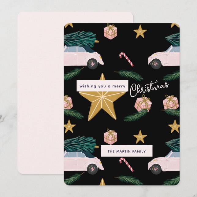 Illustrerad Black Rosa Julgran Cars Helgdag Julkort (Fram/baksida)