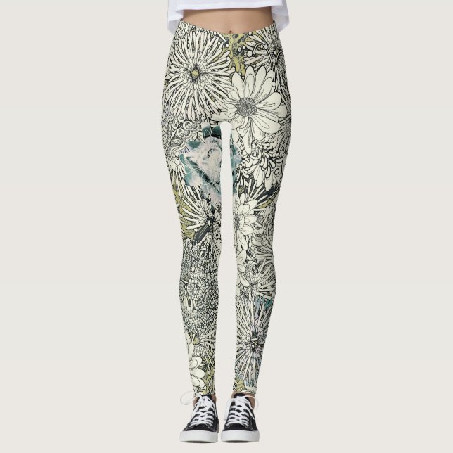 Illustrerad blom- damasker leggings (Framsida)