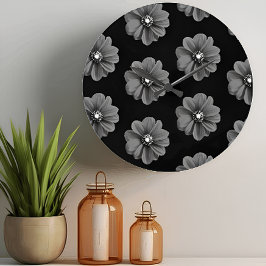 "Illustrerad blomma i Black Grått Mönster" Stor Klocka