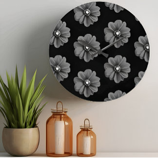 "Illustrerad blomma i Black Grått Mönster" Stor Klocka