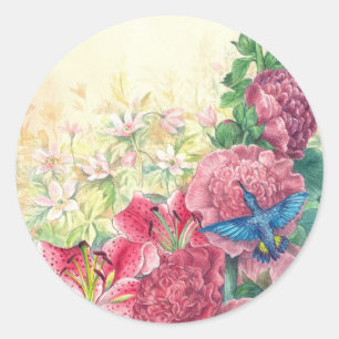 Illustrerad Blommigt av Fantasy-hummingbird Runt Klistermärke