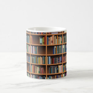 Illustrerad bred bokhylla kaffemugg