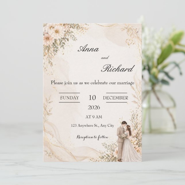 Illustrerad Bröllopspar & Ljusrosa Blommor Inbjuda Inbjudningar (Stående Fram)