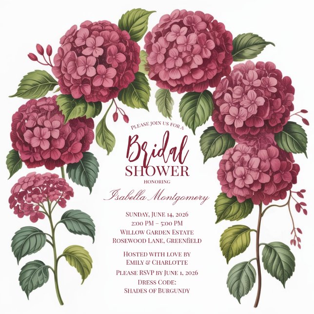 Illustrerad Burgundy Hortensia Blommig Båge Inbjudningar (Illustrated Burgundy Hydrangea Floral Arch Invitations
)