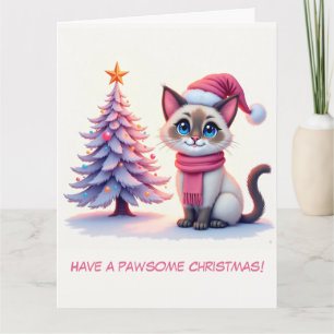 Illustrerad cute Siamese Cat and Julgran Kort