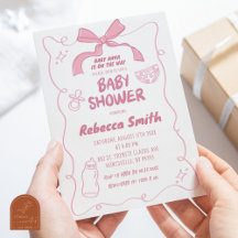 Illustrerad flicka baby shower-inbjudan med rosa s