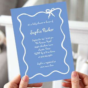 Illustrerad Fransk Bow Blue and White Baby Shower Inbjudningar
