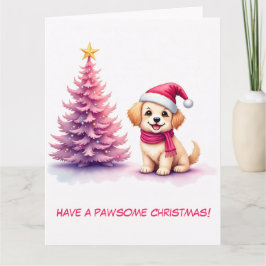 Illustrerad Golden Retriever i rosa tomtehatt Kort