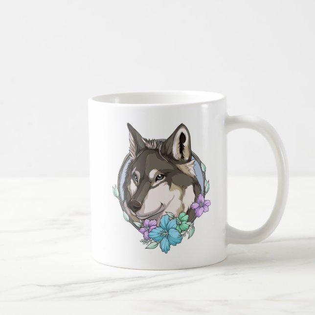 Illustrerad Grått-Varg och blommor Kaffemugg (Höger)