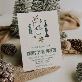 Illustrerad Grönt Julgranar Snögubbe Party Inbjudningar