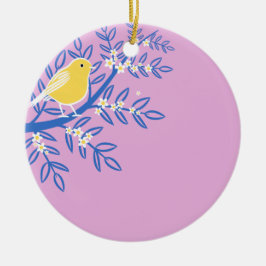 Illustrerad Gult Bird på Rosa Julgransprydnad Keramik