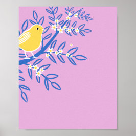 Illustrerad Gult Bird på Rosa Poster