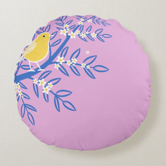 Illustrerad Gult Bird på Rosa Rund Kudde (Framsidan)