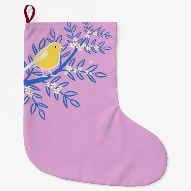 Illustrerad Gult Bird på Rosa Stor Julstrumpa (Framsidan)