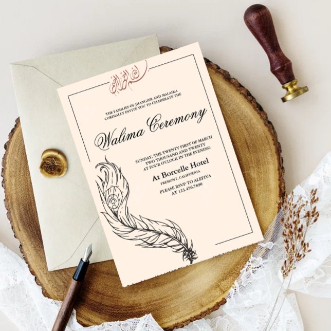 illustrerad handritad påfågel Arabisk Walima Inbjudningar (illustrated handdrawn peacock border walima cermony invitation card)