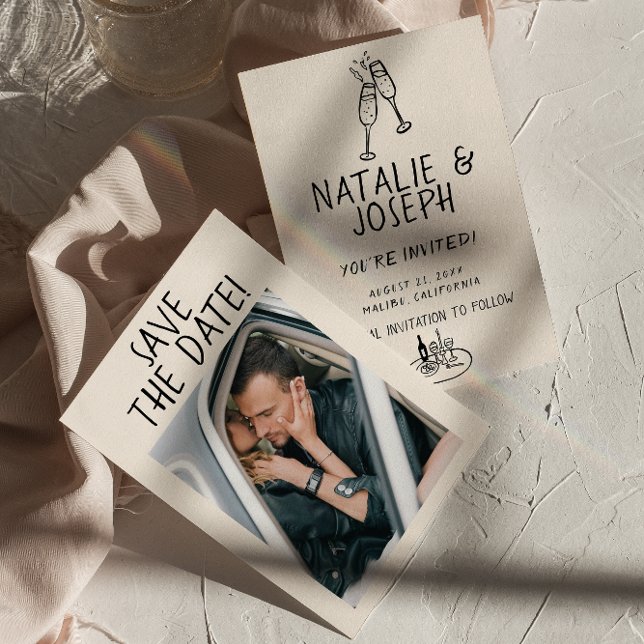 Illustrerad handskriven Retro Quirky Photo Bröllop Spara Datumet (Skapare uppladdad)