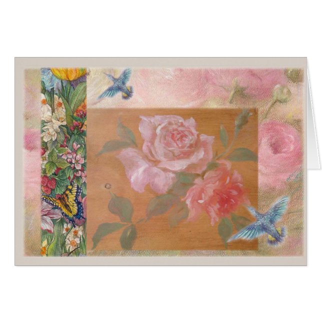 Illustrerad hummingbirdfantasiblommigt hälsningskort (Framsidan Horizontal)