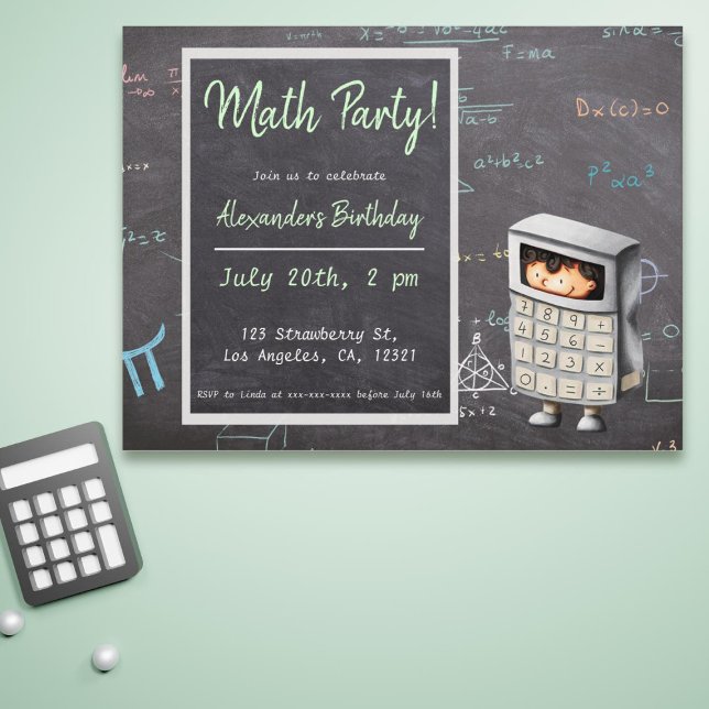 Illustrerad inbjudan till Matematisk svart kalkyla (Cute math birthday invitation postcard)